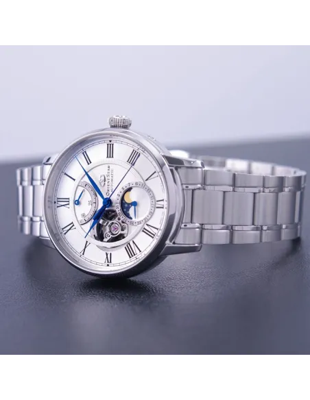 Reloj automático hombre Orient Star RE-AY0102S dial blanco 41mm Fases Lunares Cristal de Zafiro anti-reflejo