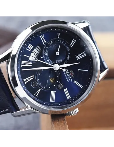 reloj automático hombre Orient Sun & Moon RA-AK0011D versión 3 dial azul 42.5mm Cristal Zafiro 40h Reserva de marcha