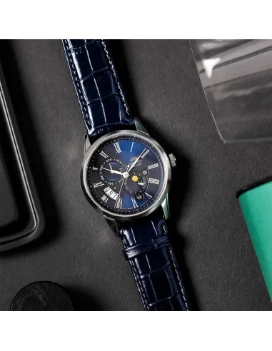 reloj automático hombre Orient Sun & Moon RA-AK0011D versión 3 dial azul 42.5mm Cristal Zafiro 40h Reserva de marcha