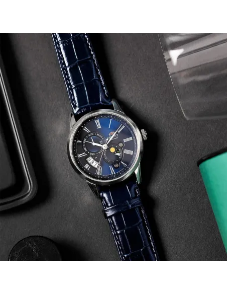 reloj automático hombre Orient Sun & Moon RA-AK0011D versión 3 dial azul 42.5mm Cristal Zafiro 40h Reserva de marcha