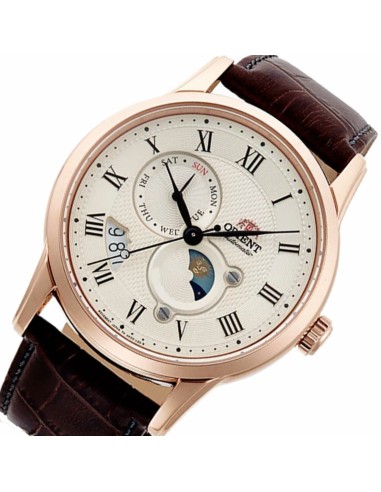 reloj automático hombre Orient Sun & Moon RA-AK0007S version 3 dial champán 42.5mm Cristal de zafiro correa de cuero resistente
