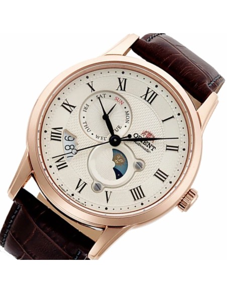 reloj automático hombre Orient Sun & Moon RA-AK0007S version 3 dial champán 42.5mm Cristal de zafiro correa de cuero resistente