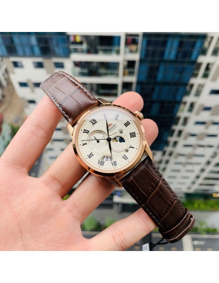 reloj automático hombre Orient Sun & Moon RA-AK0007S version 3 dial champán 42.5mm Cristal de zafiro correa de cuero resistente