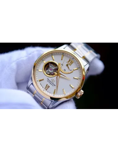 reloj automático hombre Orient Star RE-AT0004S dial blanco 39.3mm bisel dorado correa acero 2 tonos