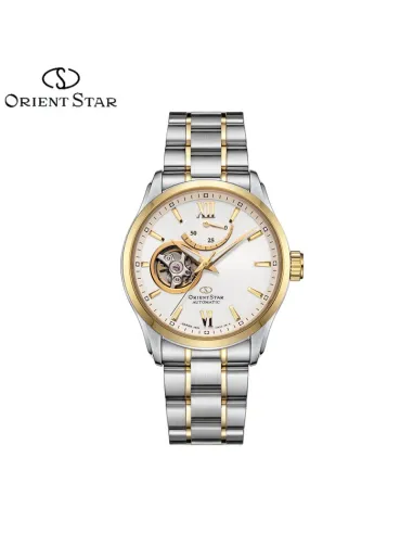 reloj automático hombre Orient Star RE-AT0004S dial blanco 39.3mm bisel dorado correa acero 2 tonos