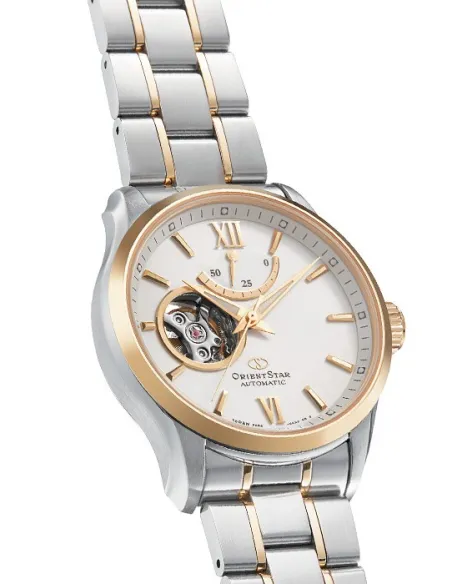 reloj automático hombre Orient Star RE-AT0004S dial blanco 39.3mm bisel dorado correa acero 2 tonos