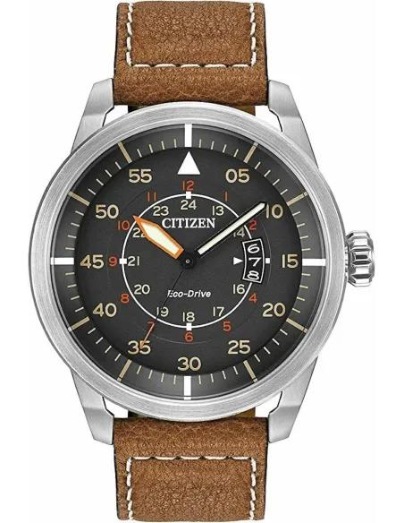 Reloj Aviador hombre Citizen Ecodrive AW1361-10H 45mm dial gris oscuro correa de cuero 100m WR