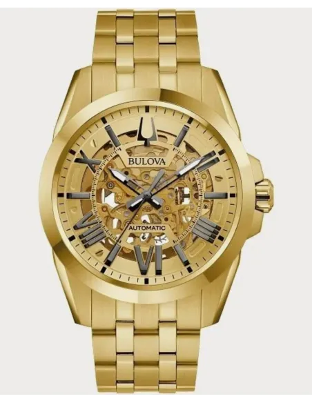 Reloj automático hombre Bulova Sutton 97A162 42mm Cristal de Zafiro PVD Dorado correa de acero 100m WR