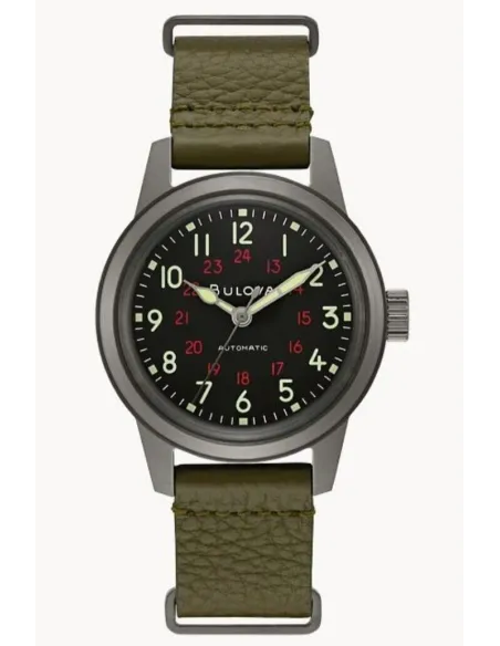 Reloj automático hombre Bulova Hack Military 98A255 38mm dial negro correa de tela 30m WR