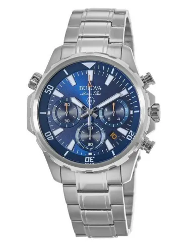 reloj deportivo hombre Bulova Marine Star 96B256 43mm dial azul 100m WR correa de acero Cronógrafo