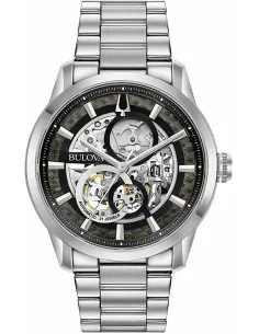 reloj automático hombre Bulova Sutton Skeleton 96A208 43mm negro correa de acero 30m WR