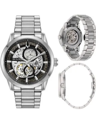 reloj automático hombre Bulova Sutton Skeleton 96A208 43mm negro correa de acero 30m WR