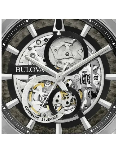 reloj automático hombre Bulova Sutton Skeleton 96A208 43mm negro correa de acero 30m WR