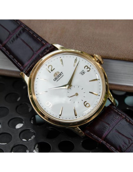 reloj hombre automático Orient Bambino RA-AP0004S white gold correa cuero