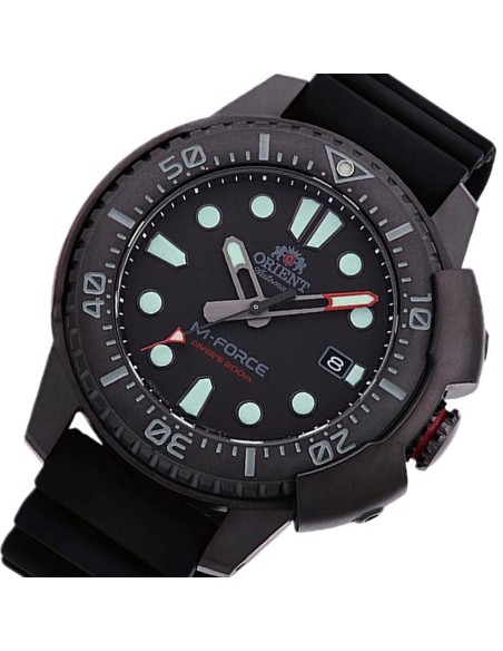 copy of reloj automático hombre buceo Orient M-Force RA-AC0L01B dial negro 45mm correa acero 200m water resist