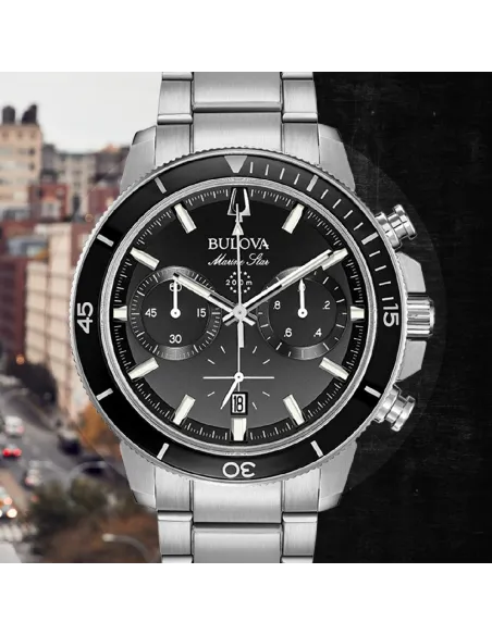 reloj deportivo hombre Bulova Marine Star 96B272 45mm dial negro 200m WR correa de acero Cronógrafo
