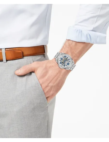Reloj automático hombre Bulova Sutton 96A187 43mm azul / plata Skeleton 100m WR correa de acero