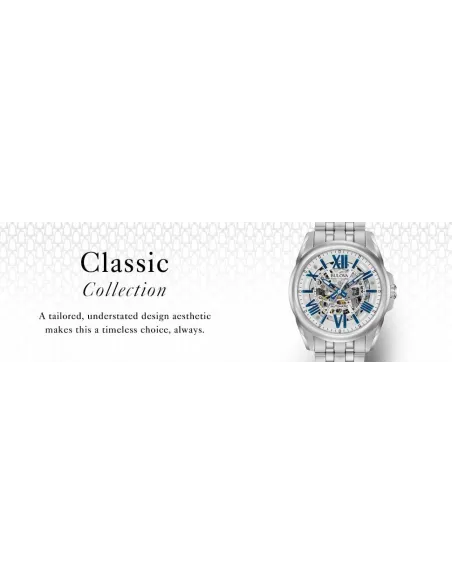 Reloj automático hombre Bulova Sutton 96A187 43mm azul / plata Skeleton 100m WR correa de acero