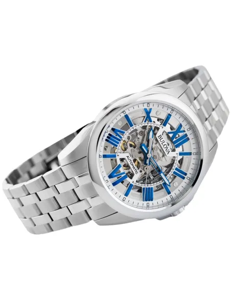 Reloj automático hombre Bulova Sutton 96A187 43mm azul / plata Skeleton 100m WR correa de acero