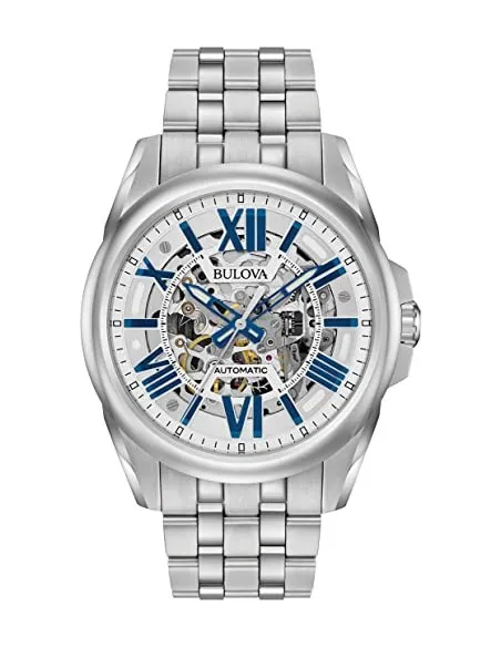 Reloj automático hombre Bulova Sutton 96A187 43mm azul / plata Skeleton 100m WR correa de acero
