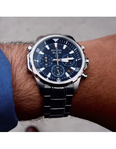 reloj deportivo hombre Bulova Marine Star 96B256 43mm dial azul 100m WR correa de acero Cronógrafo