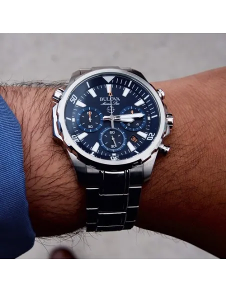 reloj deportivo hombre Bulova Marine Star 96B256 43mm dial azul 100m WR correa de acero Cronógrafo