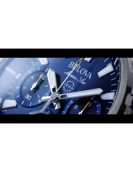 reloj deportivo hombre Bulova Marine Star 96B256 43mm dial azul 100m WR correa de acero Cronógrafo