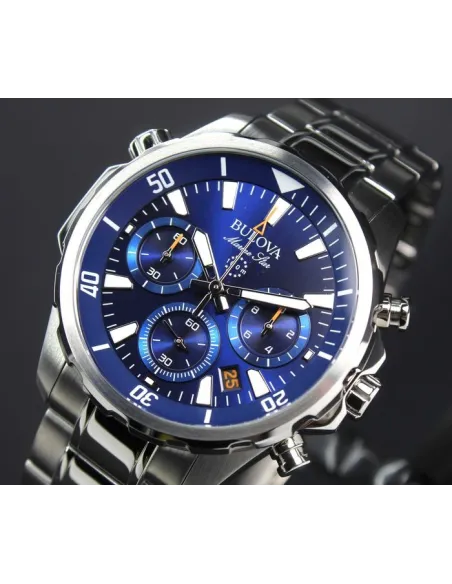reloj deportivo hombre Bulova Marine Star 96B256 43mm dial azul 100m WR correa de acero Cronógrafo