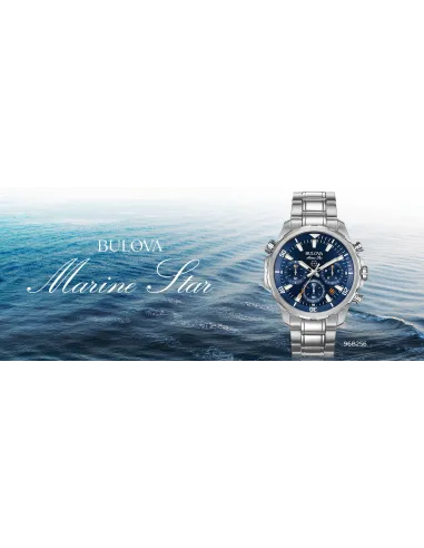 reloj deportivo hombre Bulova Marine Star 96B256 43mm dial azul 100m WR correa de acero Cronógrafo