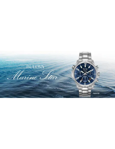 reloj deportivo hombre Bulova Marine Star 96B256 43mm dial azul 100m WR correa de acero Cronógrafo