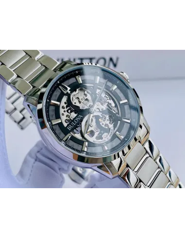 reloj automático hombre Bulova Sutton Skeleton 96A208 43mm negro correa de acero 30m WR