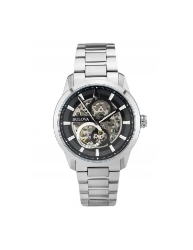 reloj automático hombre Bulova Sutton Skeleton 96A208 43mm negro correa de acero 30m WR