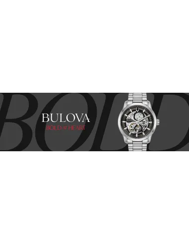 reloj automático hombre Bulova Sutton Skeleton 96A208 43mm negro correa de acero 30m WR