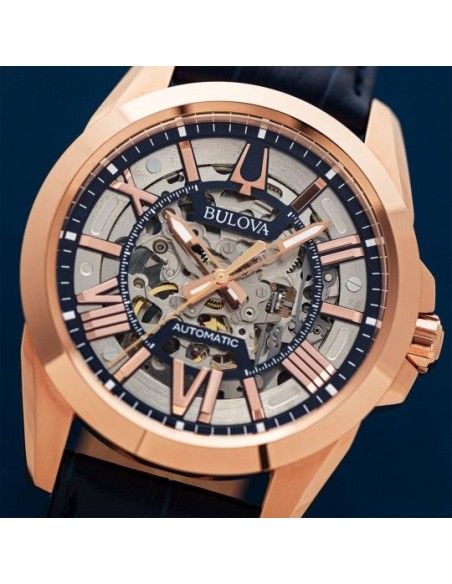 Reloj automático hombre Bulova Sutton 97A161 43mm dial plata correa de cuero 100m WR