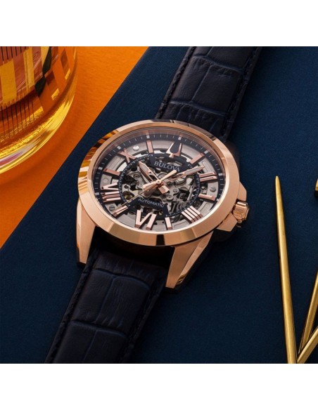 Reloj automático hombre Bulova Sutton 97A161 43mm dial plata correa de cuero 100m WR