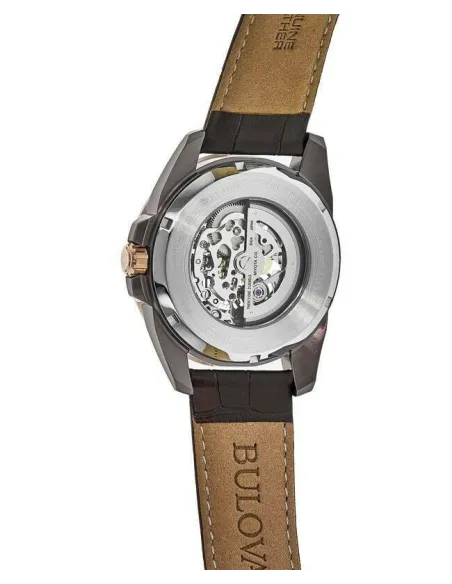 reloj automático hombre Bulova Sutton Skeleton 98A165 43mm Oro Rosa 100m WR correa de cuero