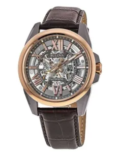reloj automático hombre Bulova Sutton Skeleton 98A165 43mm Oro Rosa 100m WR correa de cuero
