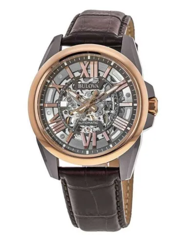 reloj automático hombre Bulova Sutton Skeleton 98A165 43mm Oro Rosa 100m WR correa de cuero