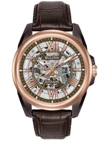 reloj automático hombre Bulova Sutton Skeleton 98A165 43mm Oro Rosa 100m WR correa de cuero