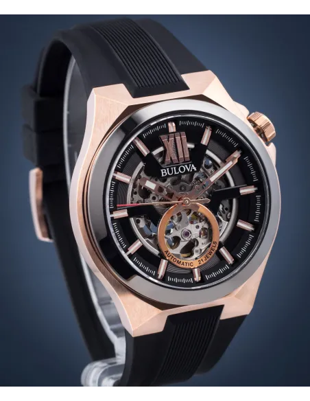 reloj automático hombre Bulova Maquina Skeleton 98A177 46mm Cristal de Zafiro Oro Rosa 100m