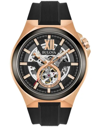 reloj automático hombre Bulova Maquina Skeleton 98A177 46mm Cristal de Zafiro Oro Rosa 100m