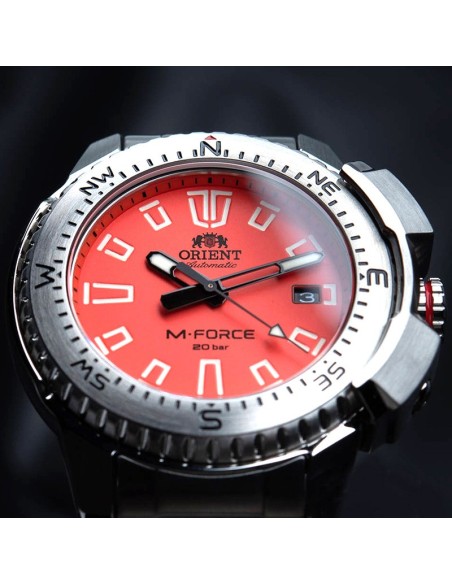 reloj de buceo automático hombre Orient M-Force RA-AC0N02Y dial naranja 45mm correa acero 200m water resist Cristal Zafiro