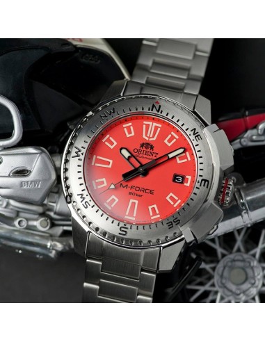 reloj de buceo automático hombre Orient M-Force RA-AC0N02Y dial naranja 45mm correa acero 200m water resist Cristal Zafiro