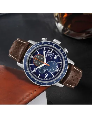 Reloj hombre Citizen Ecodrive Brycen CA0648-09L 44mm dial azul correa de cuero Taquímetro 100m