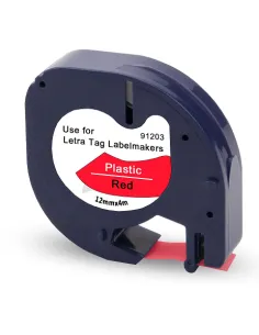 Compatible Dymo LetraTag 91203 S0721630 Cinta de Etiquetas para Rotuladora - Texto negro sobre fondo rojo