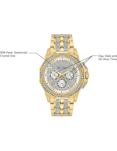 reloj hombre Bulova Crystal Octava Pave Dial 98C126 41.7mm Cuarzo correa de acero 30m WR