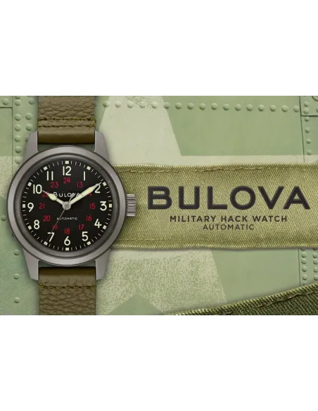 Reloj automático hombre Bulova Hack Military 98A255 38mm dial negro correa de tela 30m WR
