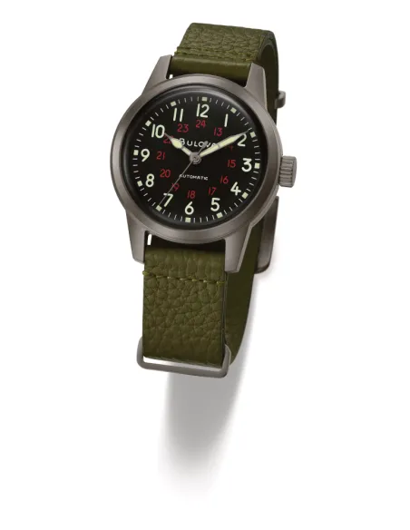 Reloj automático hombre Bulova Hack Military 98A255 38mm dial negro correa de tela 30m WR