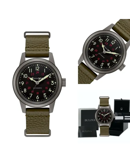 Reloj automático hombre Bulova Hack Military 98A255 38mm dial negro correa de tela 30m WR