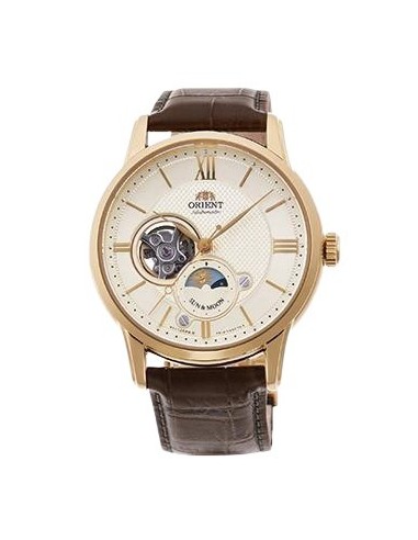 reloj automático hombre Orient Sun Moon RA-AS0010S 42mm cristal de zafiro 50m WR correa de cuero